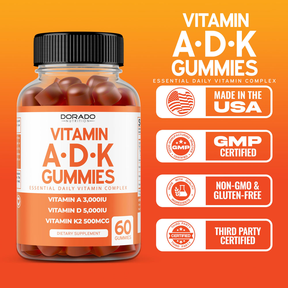DORADO NUTRITION ADK Gummies label close-up emphasizes purity and non-GMO ingredients.