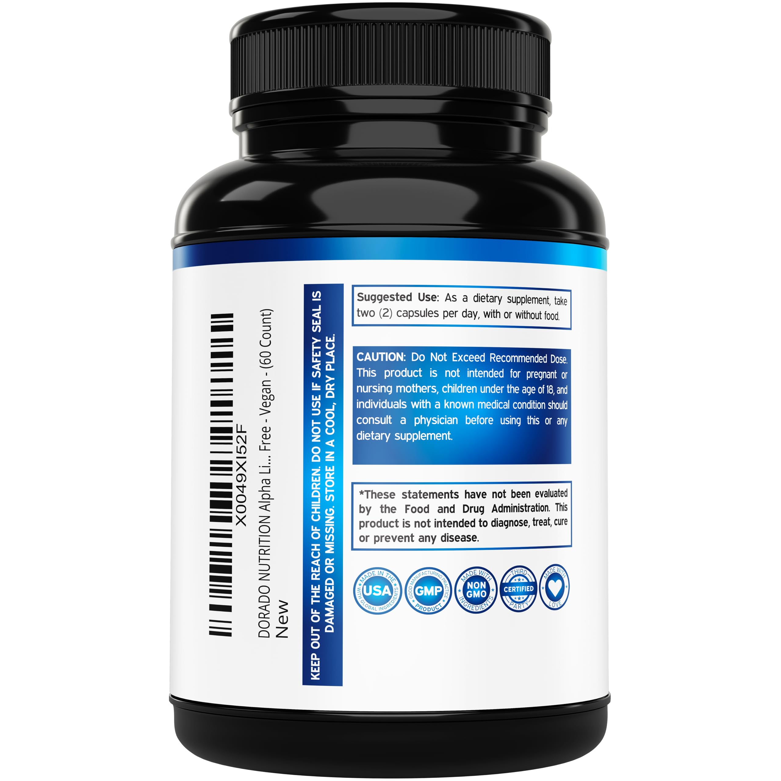 Dorado Nutrition ALA 600mg label detail showing ingredients and testing