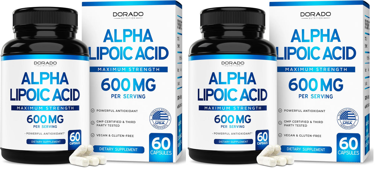 Dorado Nutrition Alpha Lipoic Acid 600mg bottle front view highlighting antioxidant support