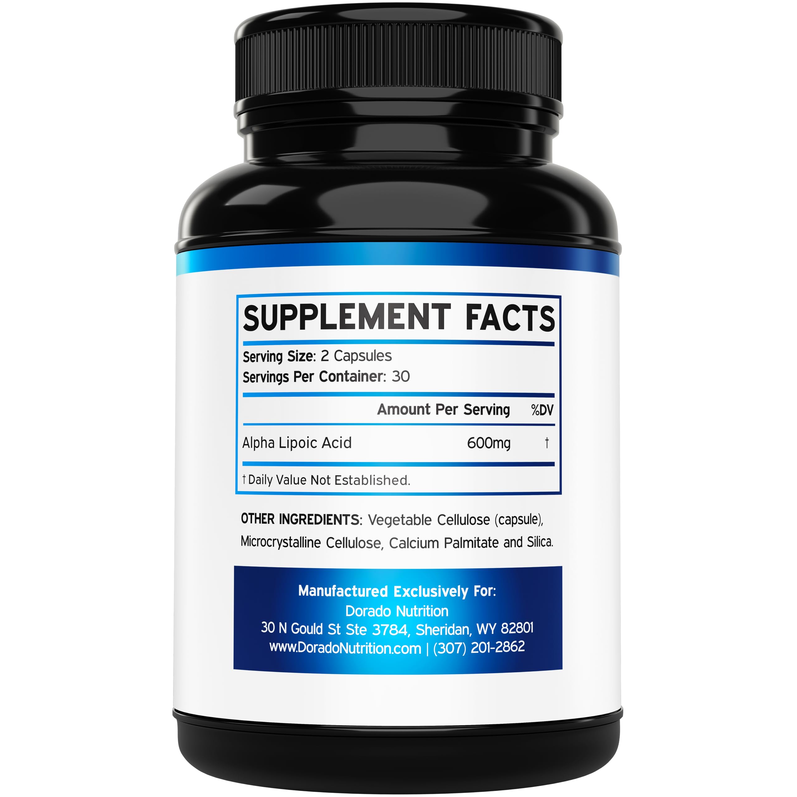 Dorado Nutrition Alpha Lipoic Acid 600mg capsules close-up emphasizing quality