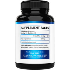 Dorado Nutrition Alpha Lipoic Acid 600mg capsules close-up emphasizing quality