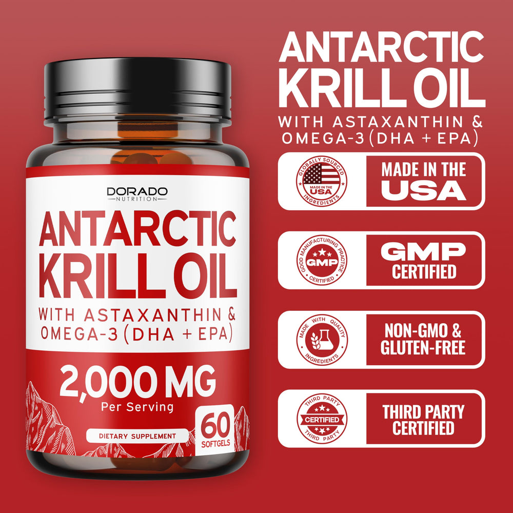 Dorado Nutrition Antarctic Krill Oil bottle pour demonstrating controlled serving.