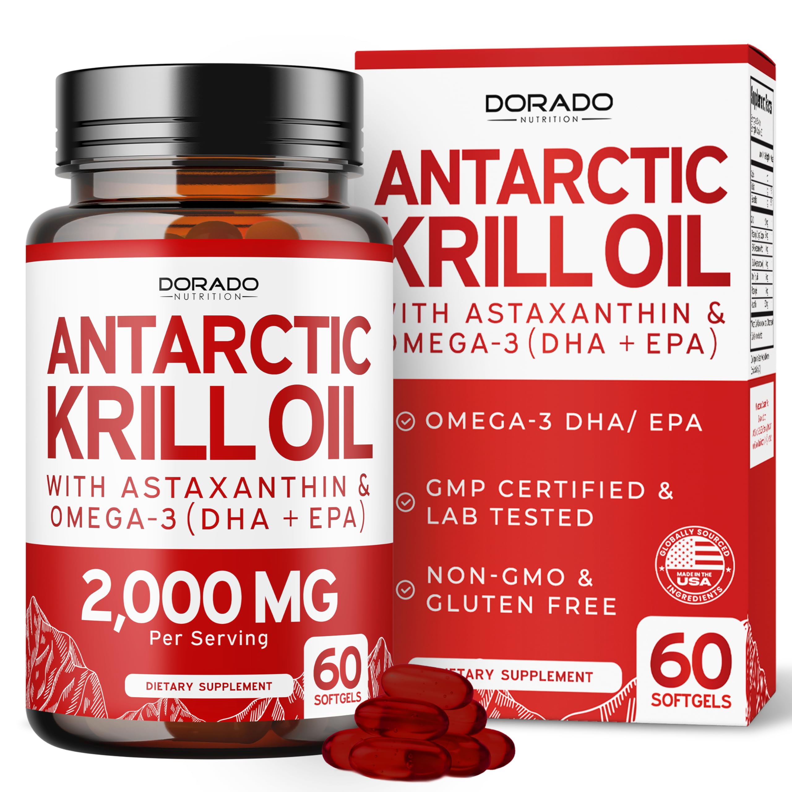 Dorado Nutrition Antarctic Krill Oil softgel bottle showing omega-3 support.