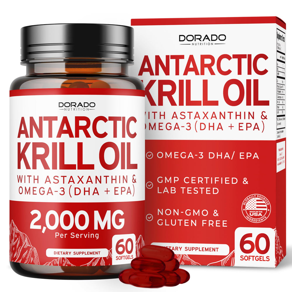 Dorado Nutrition Antarctic Krill Oil softgel bottle showing omega-3 support.