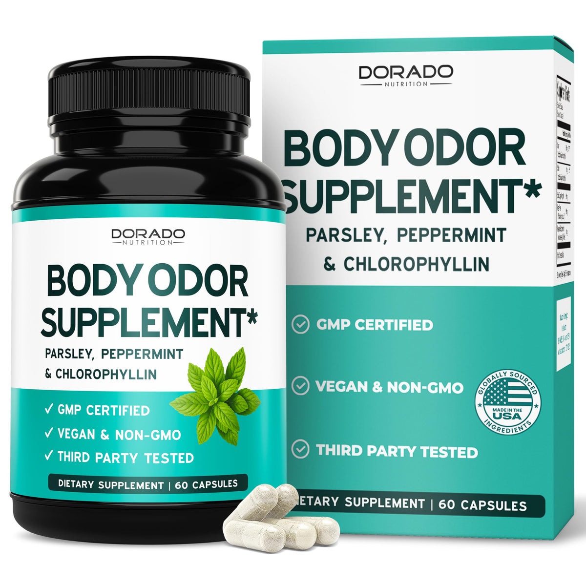 Dorado Nutrition Body Odor Supplement bottle shows vegan chlorophyll formula for inner freshness.