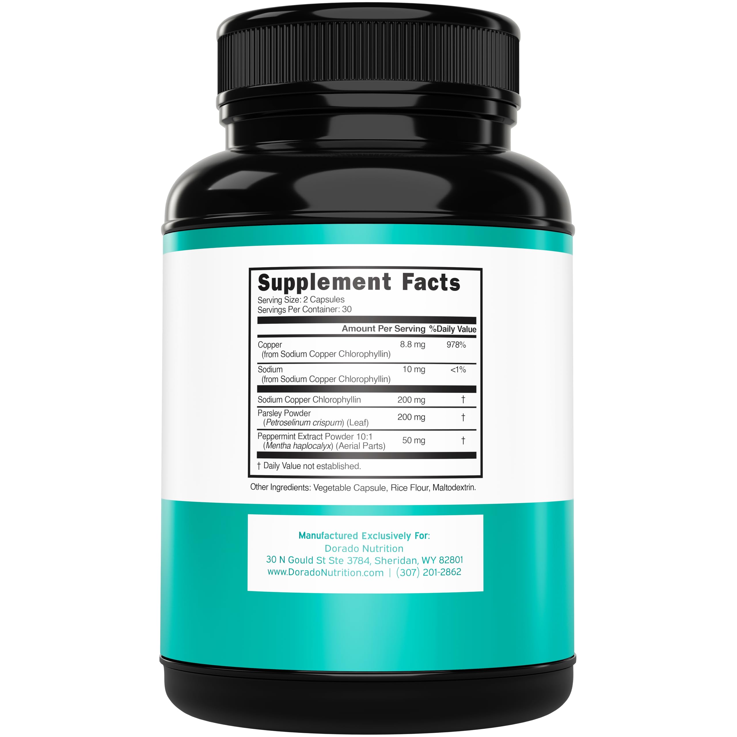 Dorado Nutrition chlorophyll capsules close-up highlighting parsley and peppermint for fresh odor control.
