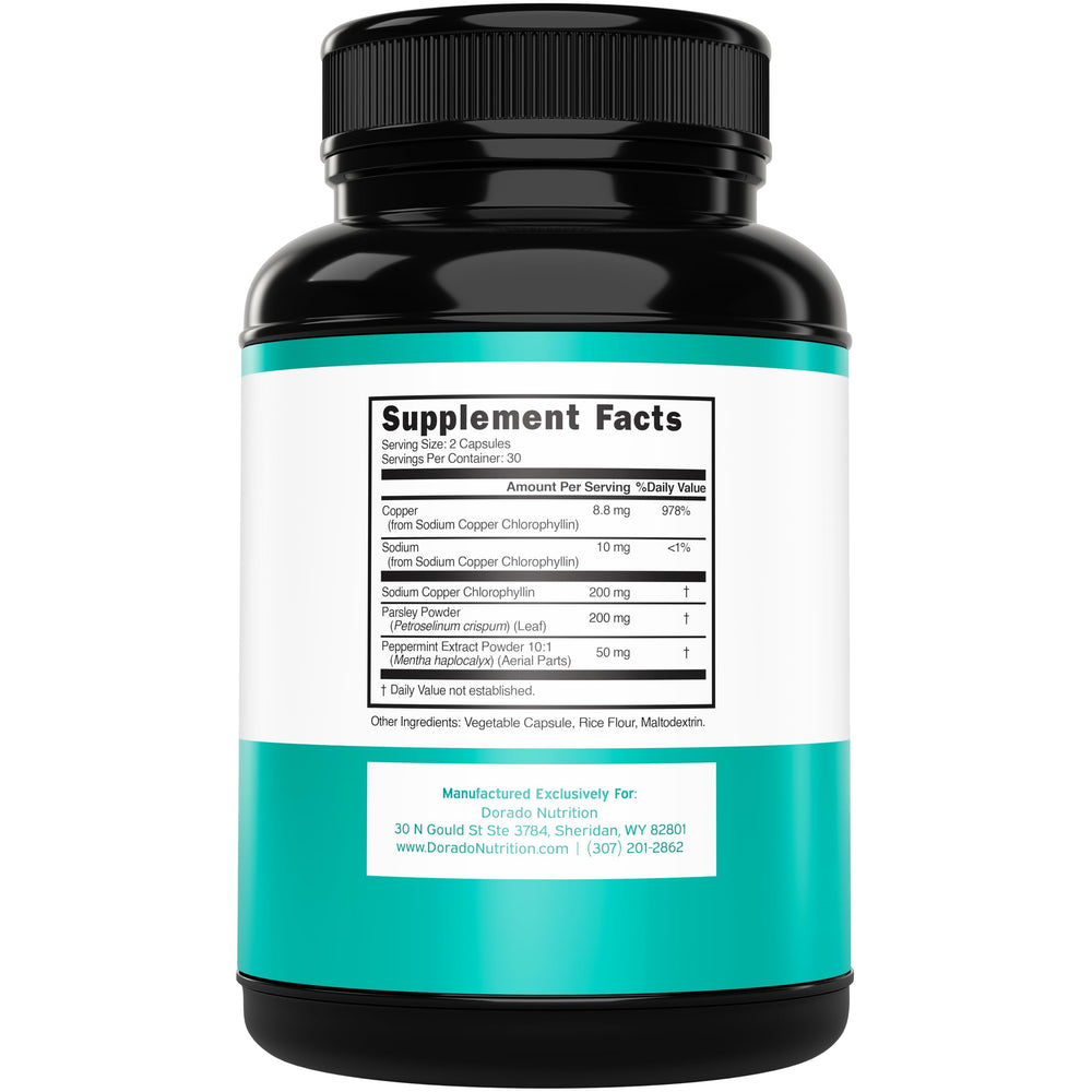 Dorado Nutrition chlorophyll capsules close-up highlighting parsley and peppermint for fresh odor control.