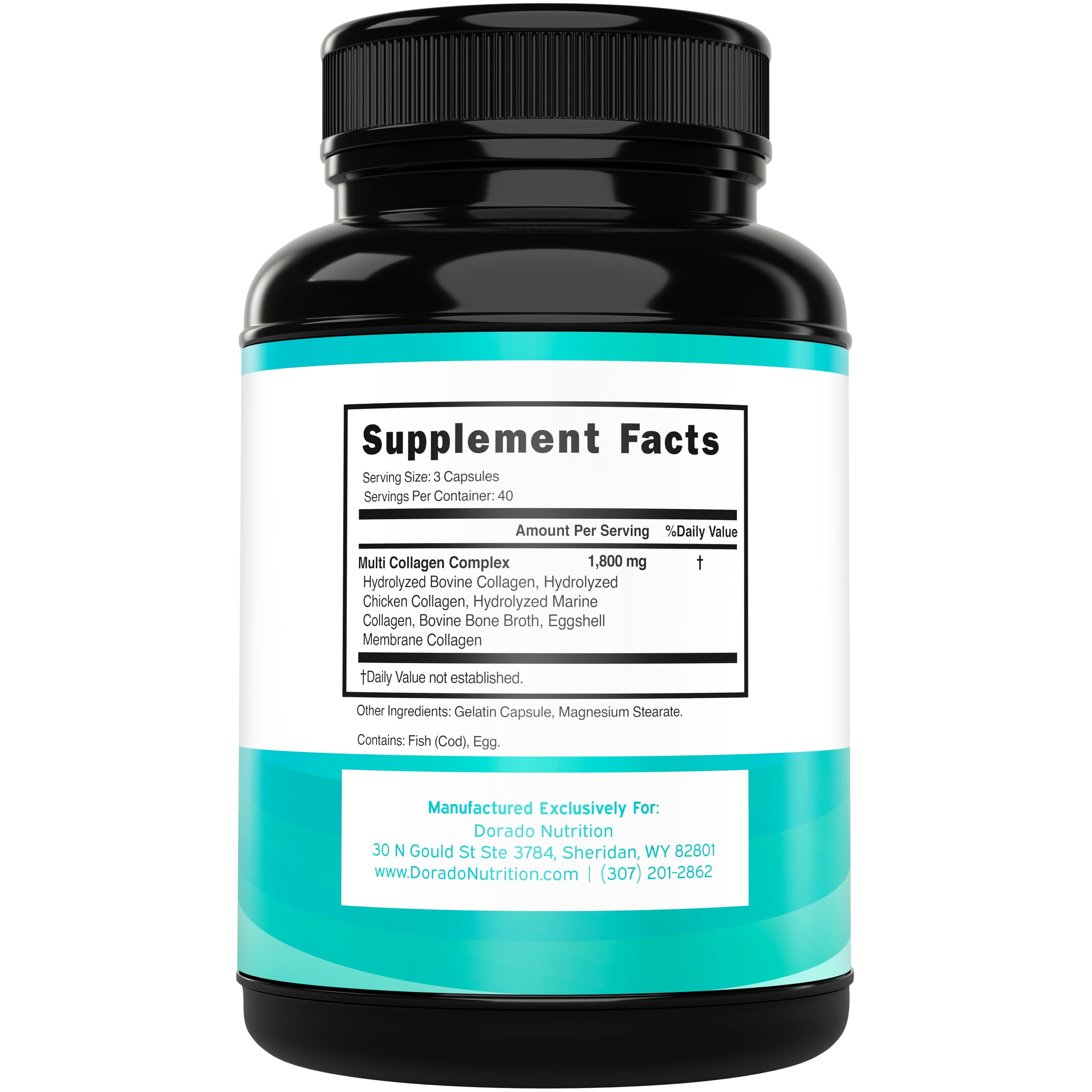 Dorado Nutrition collagen sources blend includes bovine, chicken, marine, bone broth, and eggshell membrane