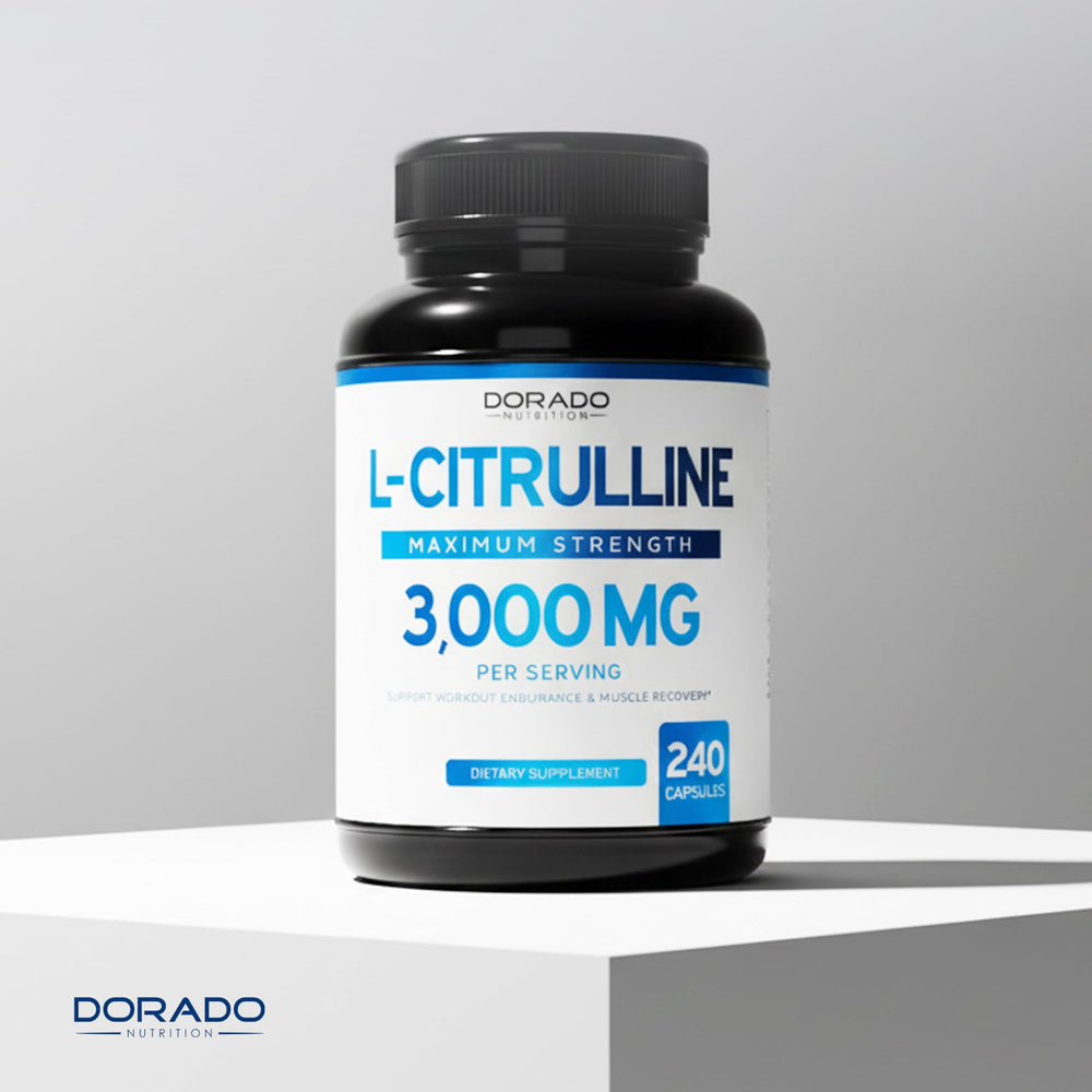Dorado Nutrition L-Citrulline 3000mg vegan badge emphasizes plant-based ingredients.