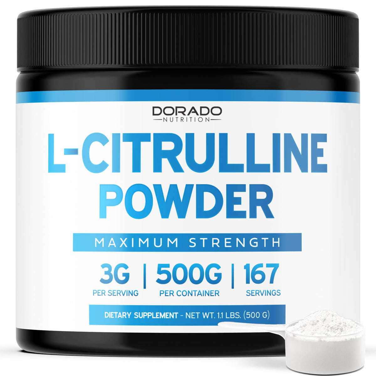 Dorado Nutrition L-Citrulline powder bottle with 3g serving for stamina.