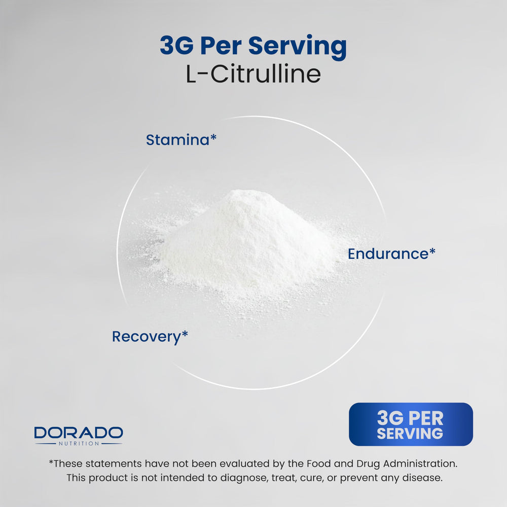 Dorado Nutrition L-Citrulline powder with glass measure demonstrates precise dosing.