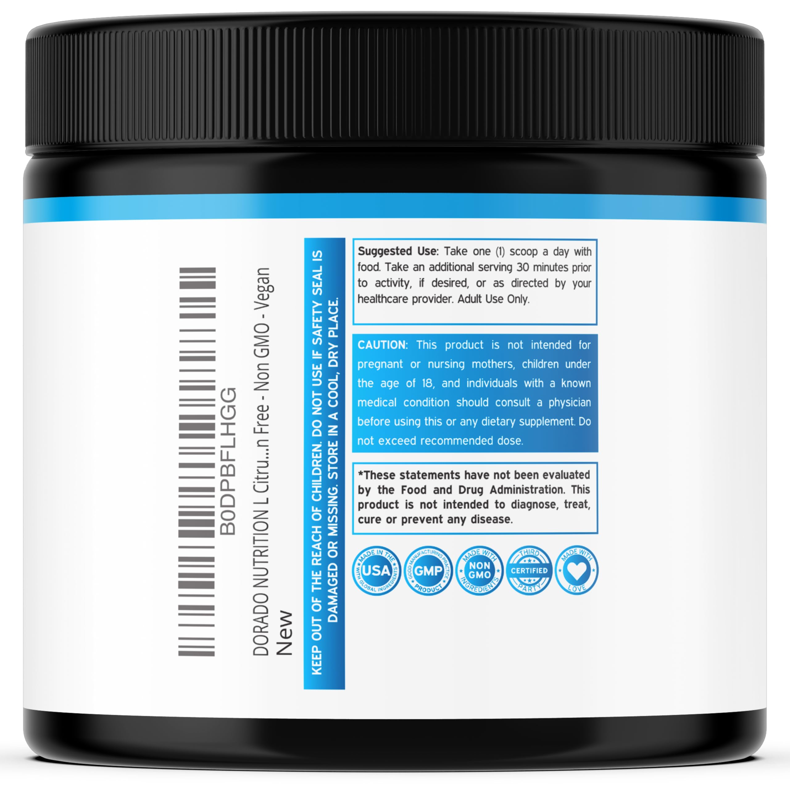 Dorado Nutrition L-Citrulline powder label shows vegan, gluten-free formula.