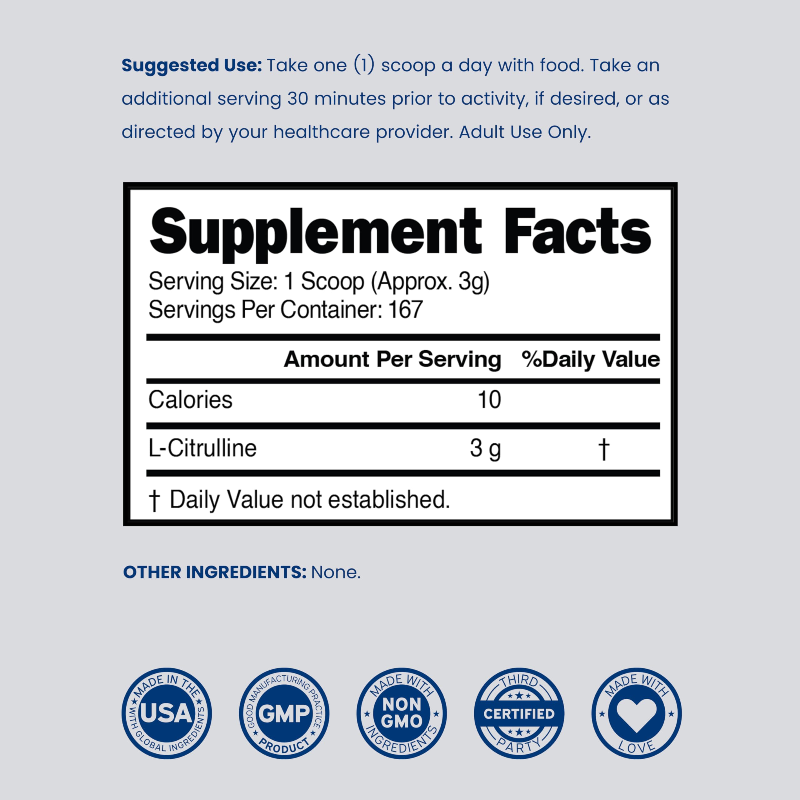 Dorado Nutrition L-Citrulline powder jar with GMP facility badge.