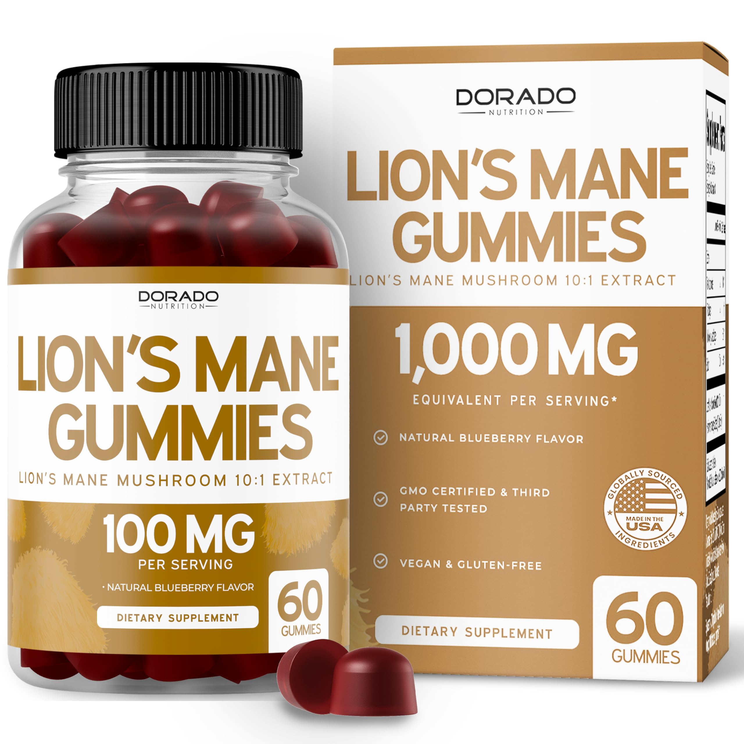 Dorado Nutrition Lions Mane Gummies blueberry bottle promotes daily wellness with delicious flavor