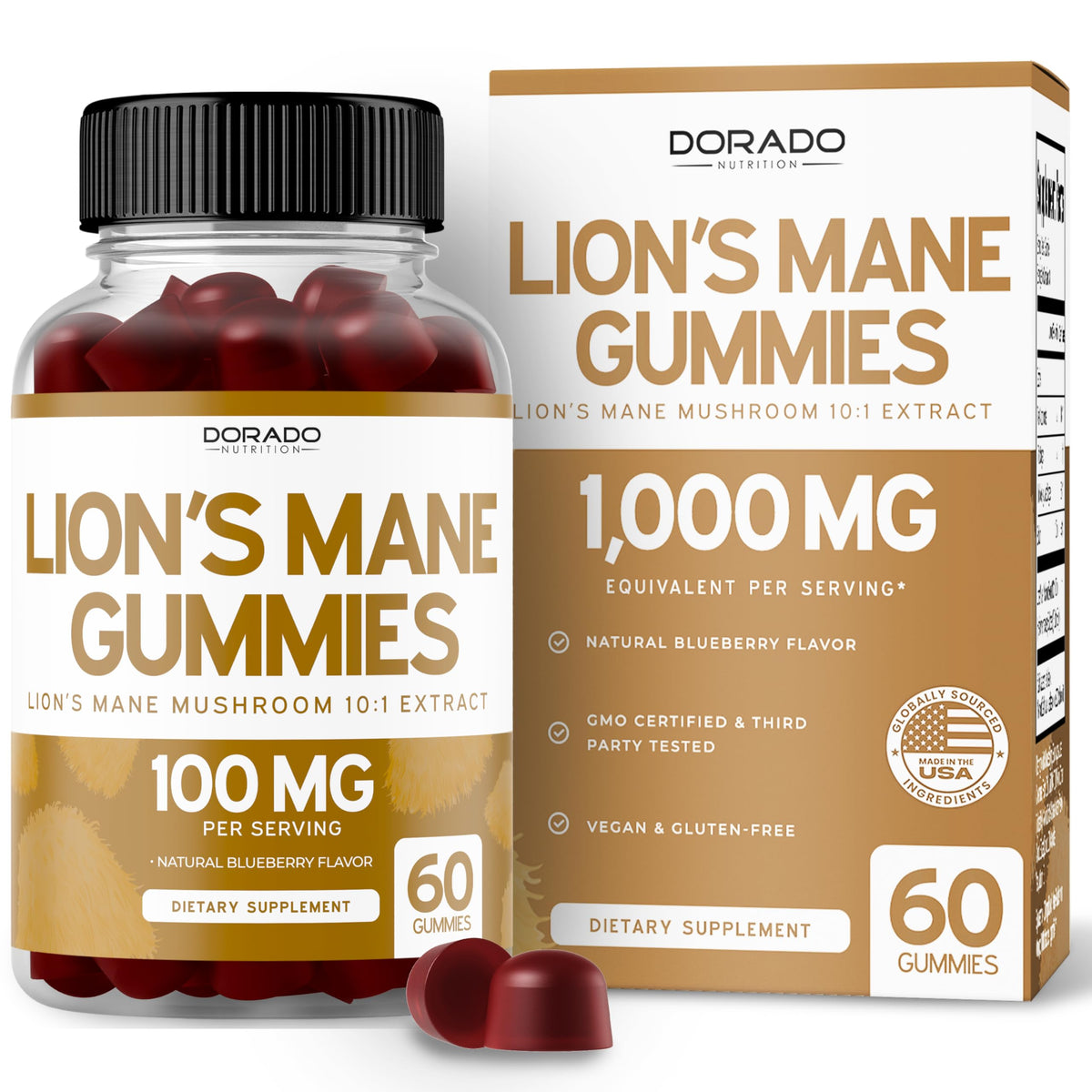 Dorado Nutrition Lions Mane Gummies blueberry bottle promotes daily wellness with delicious flavor