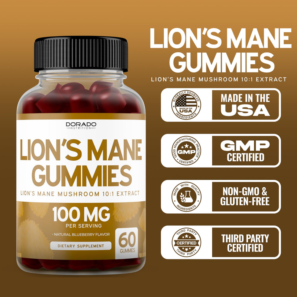 Label design on Dorado Nutrition Lions Mane Gummies showing vegan-safe and USA made branding