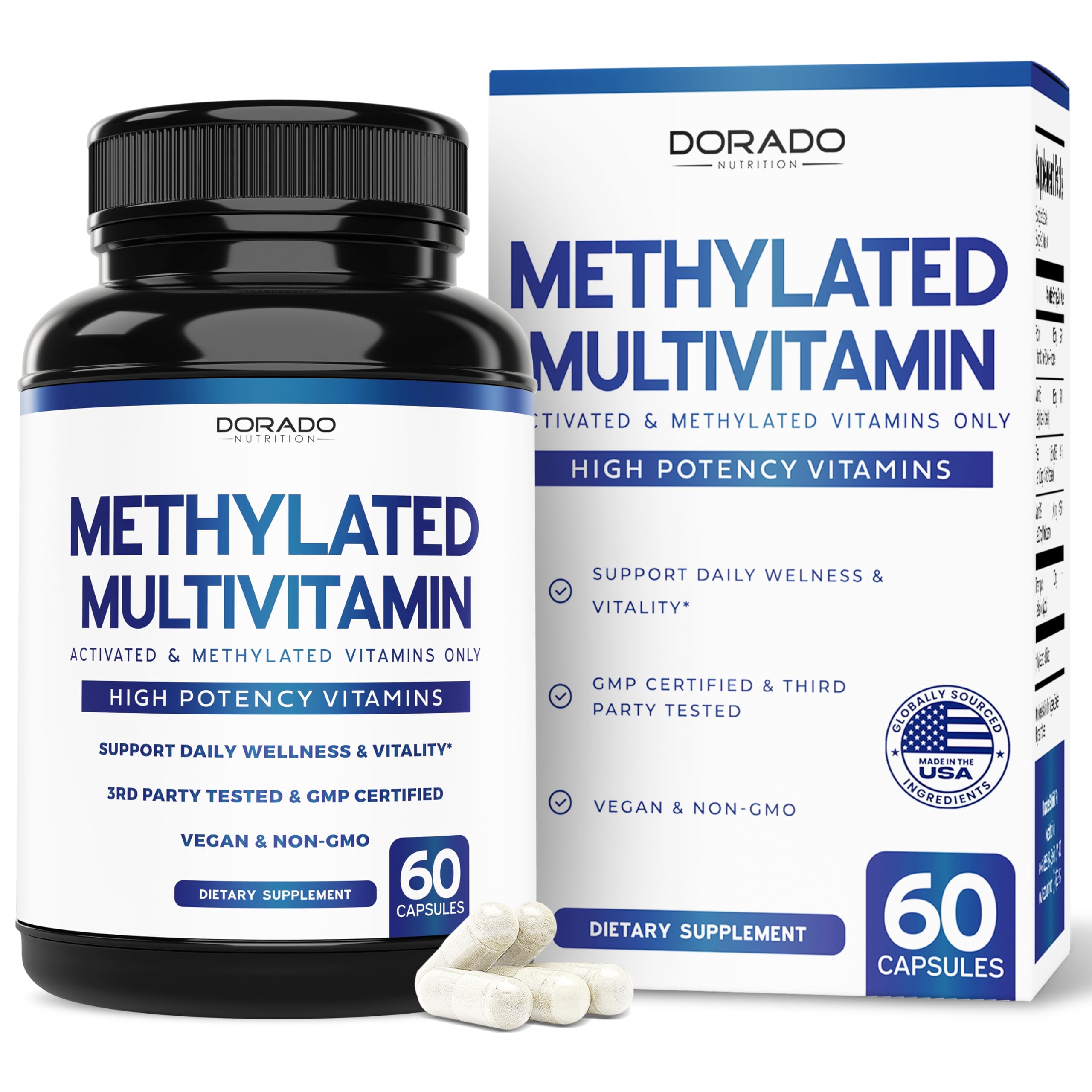 Dorado Nutrition Methylated Multivitamin bottle supports daily energy and balanced wellness.