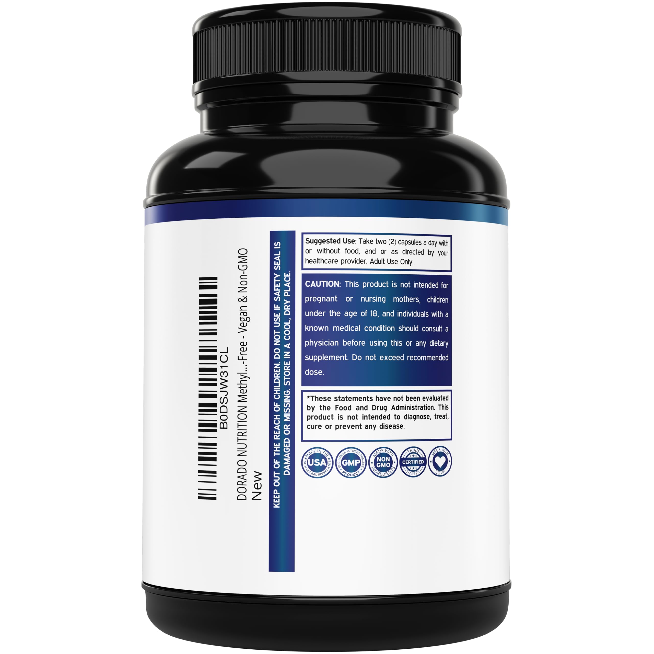 Dorado Nutrition label close-up shows non-GMO and gluten-free formulation.