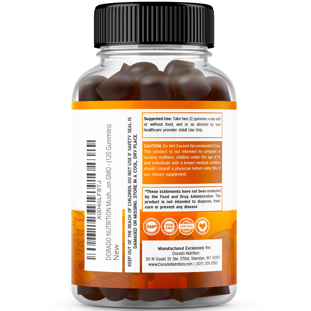 Dorado Nutrition gummies 10-in-1 blend label detail highlighting mushroom variety.