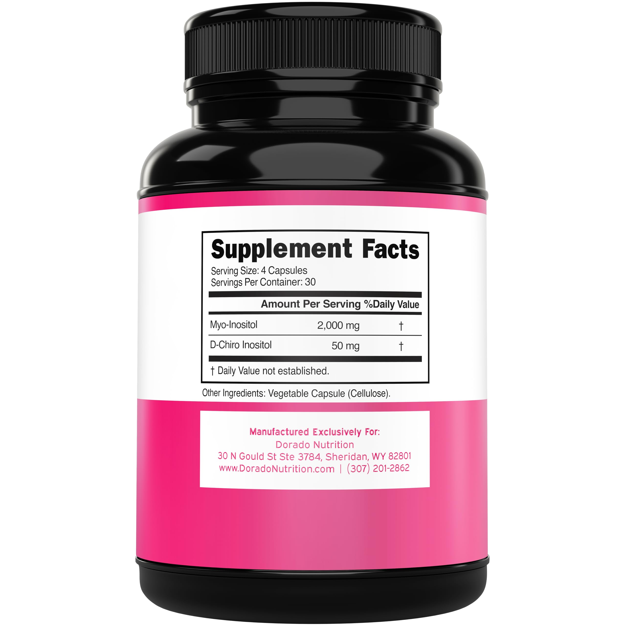DORADO NUTRITION bottle back with per serving details and ratio