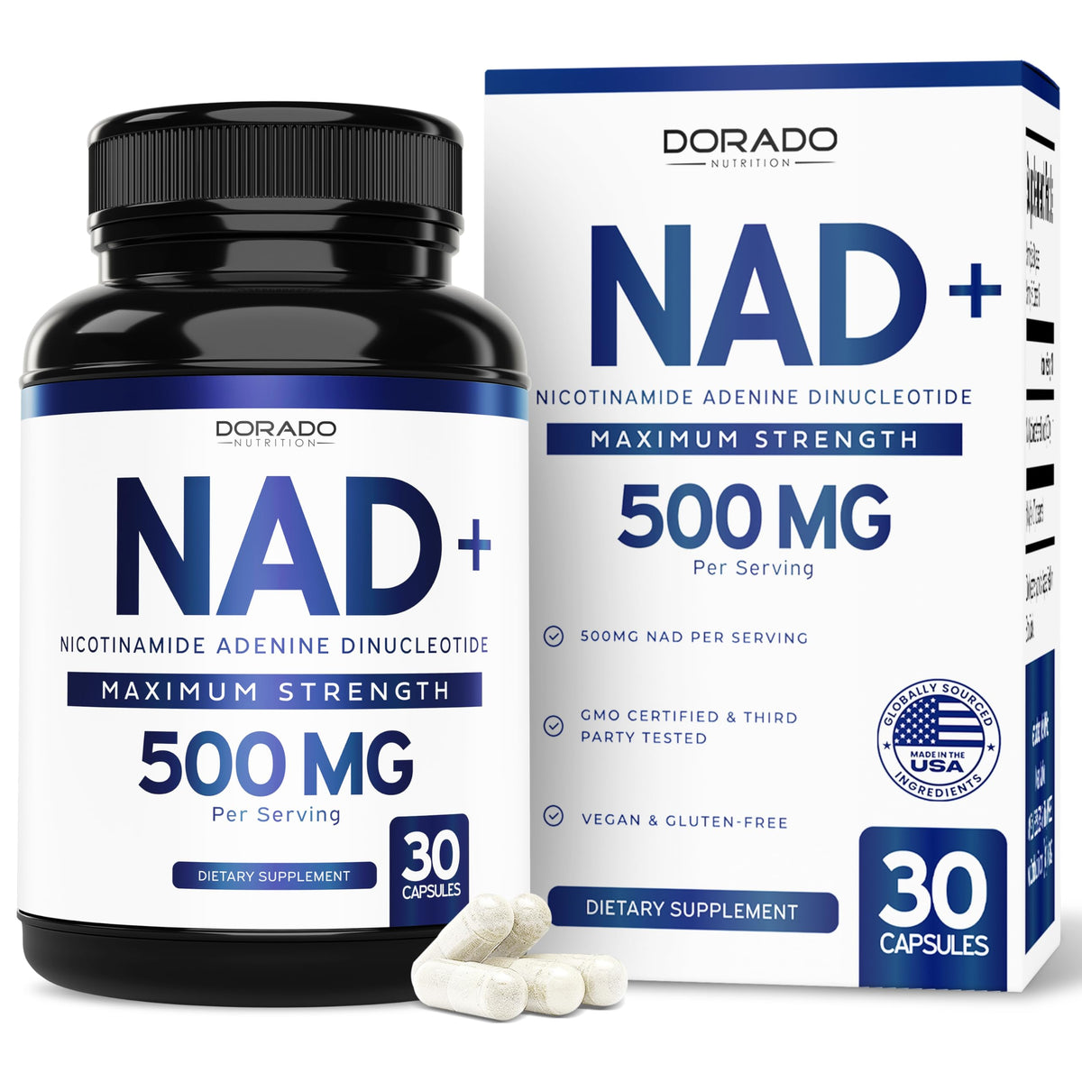 DORADO NUTRITION NAD supplement bottle, 500 mg per serving for daily support.