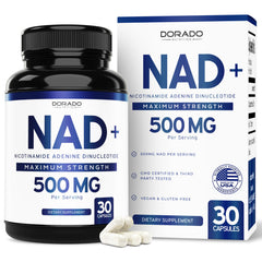 DORADO NUTRITION NAD supplement bottle, 500 mg per serving for daily support.