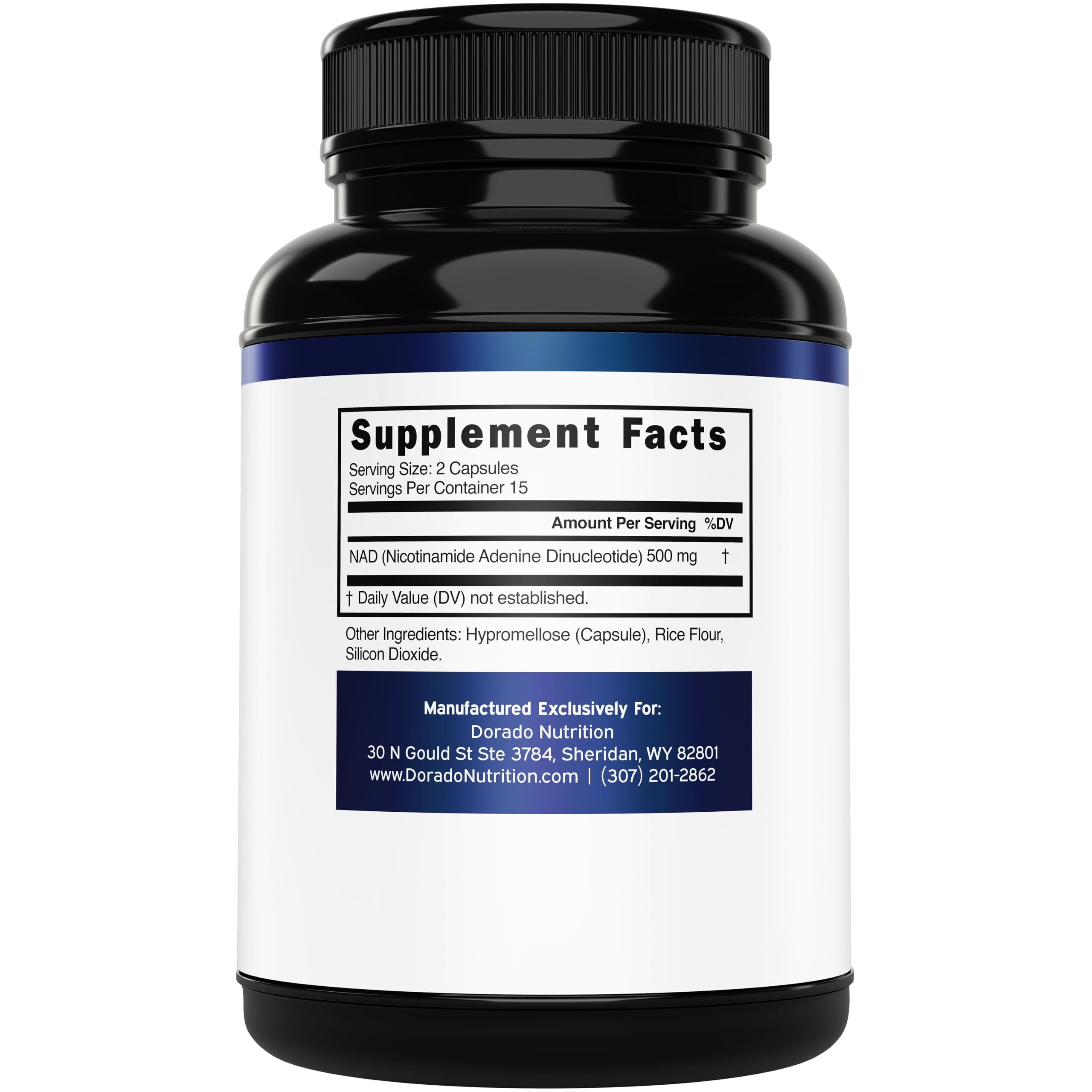 DORADO NUTRITION NAD label close-up showing high-purity NAD+ support.