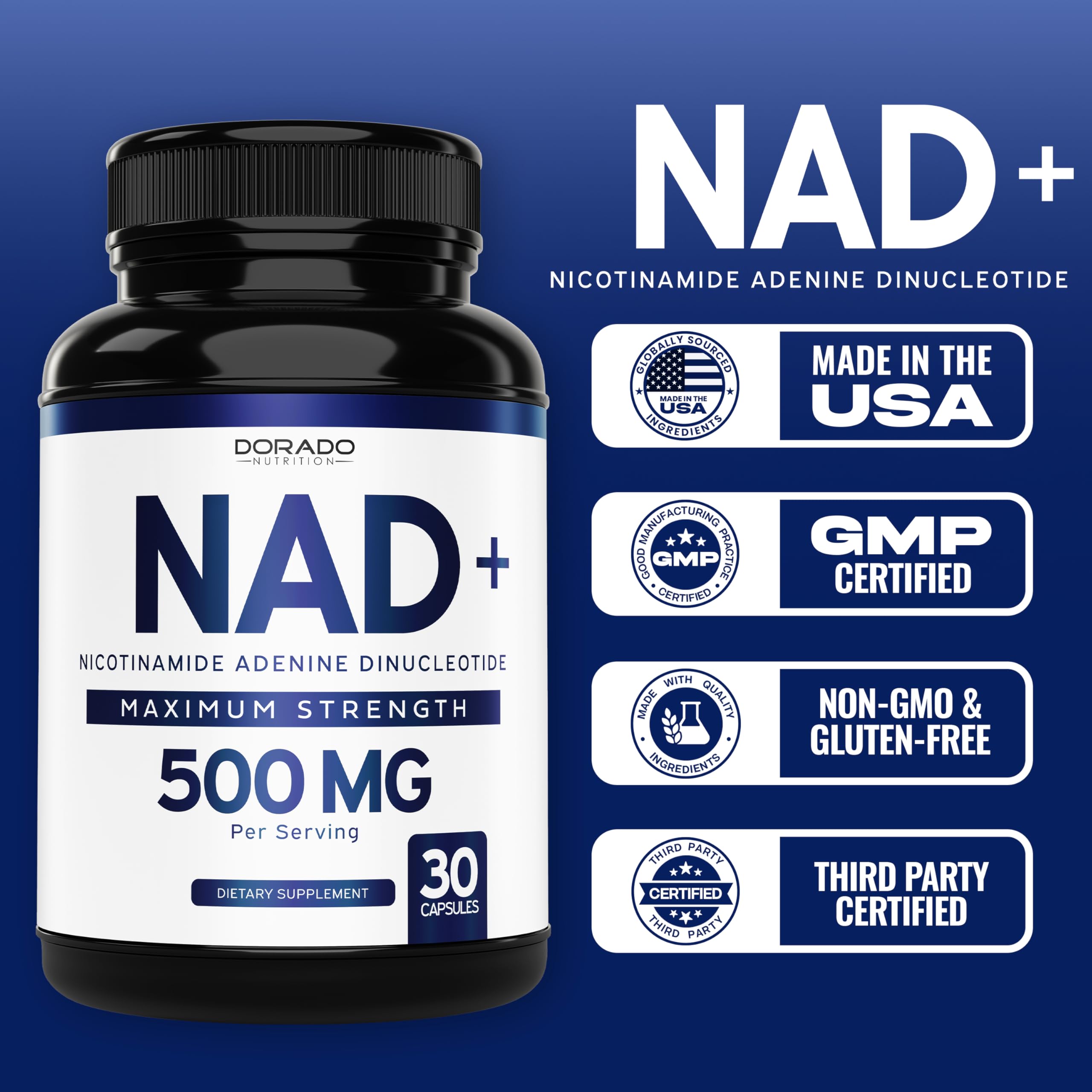 DORADO NUTRITION NAD third-party testing seal for safety.