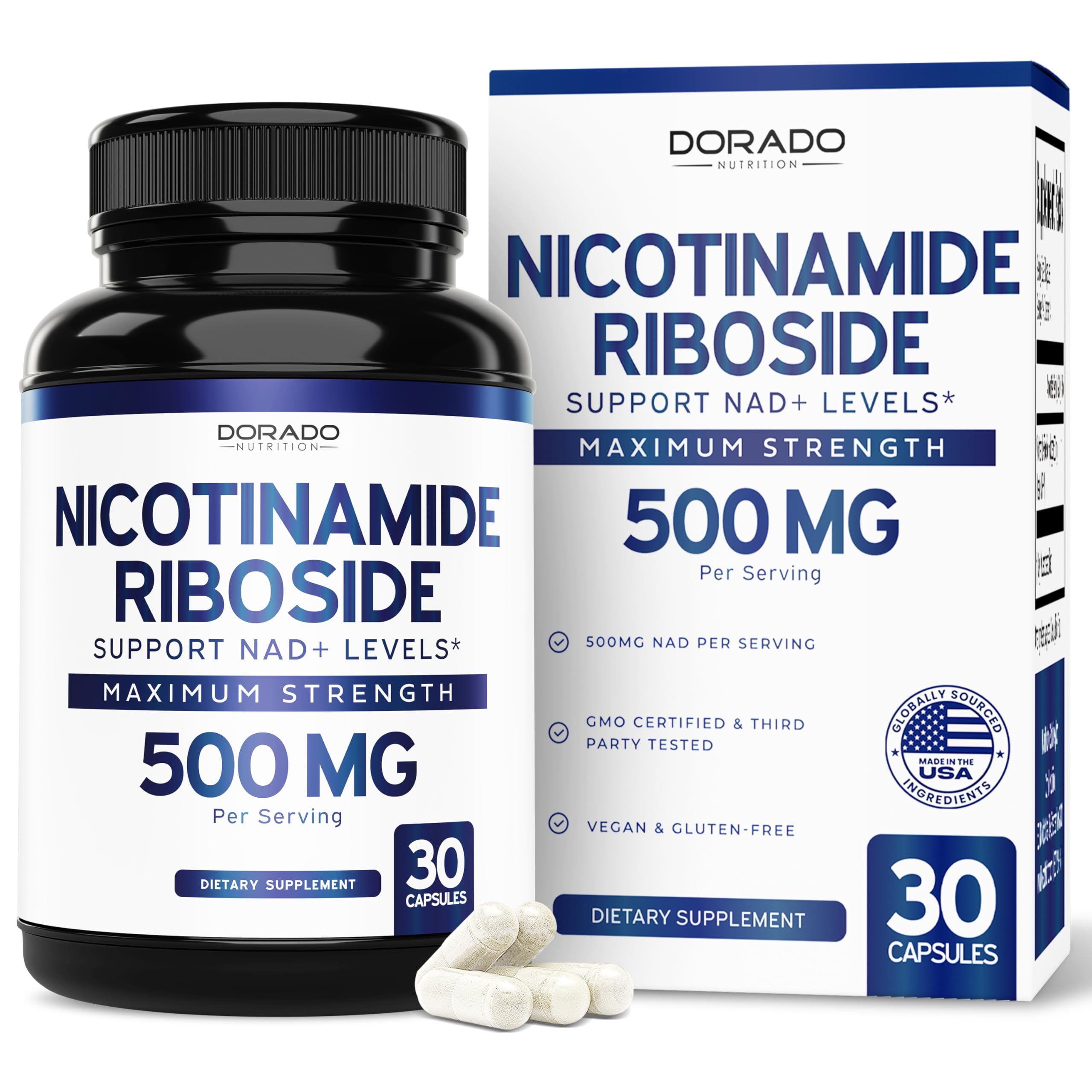 DORADO NUTRITION Nicotinamide Riboside 500mg bottle front shows 30 capsules for daily support