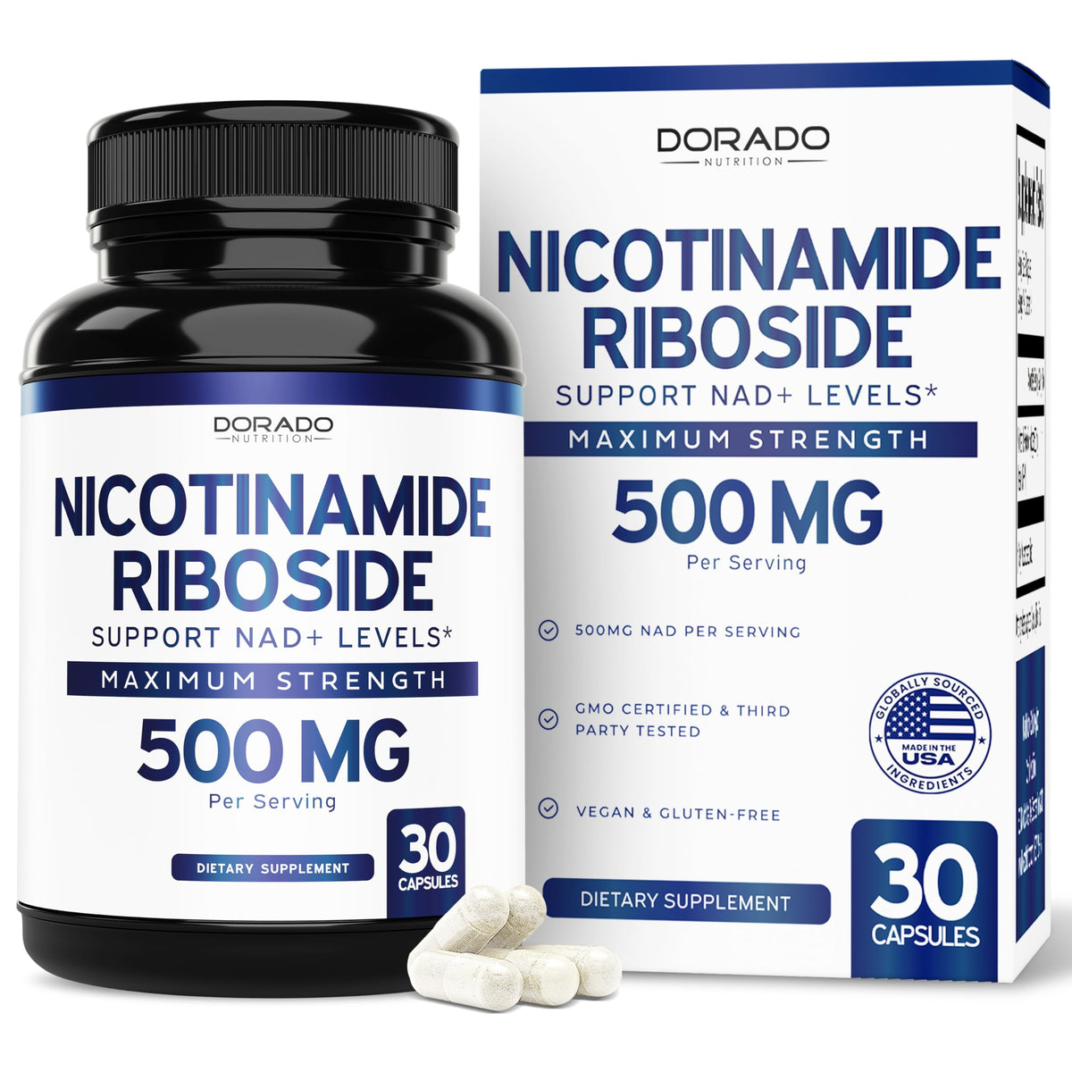 DORADO NUTRITION Nicotinamide Riboside 500mg bottle front shows 30 capsules for daily support