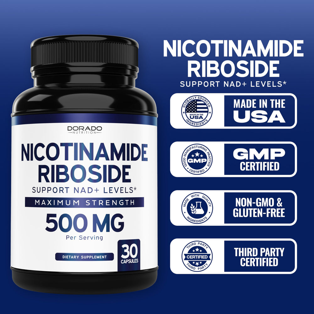 DORADO NUTRITION Nicotinamide Riboside 500mg packaging highlights safety and sourcing