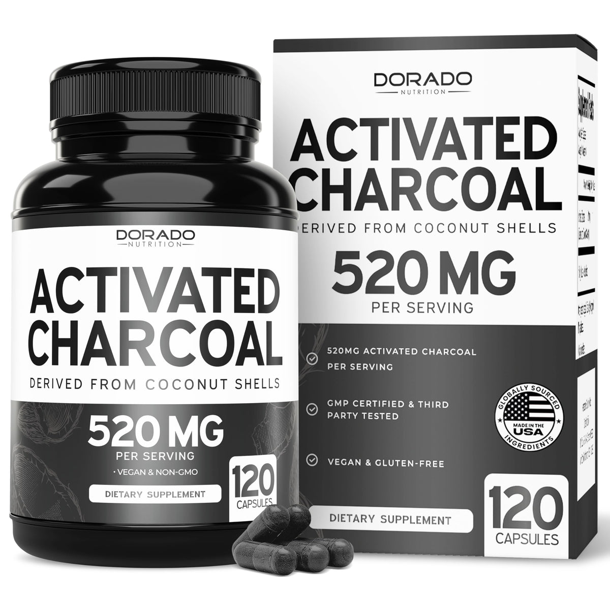DORADO NUTRITION activated charcoal bottle closeup for easy daily use and digestive balance.