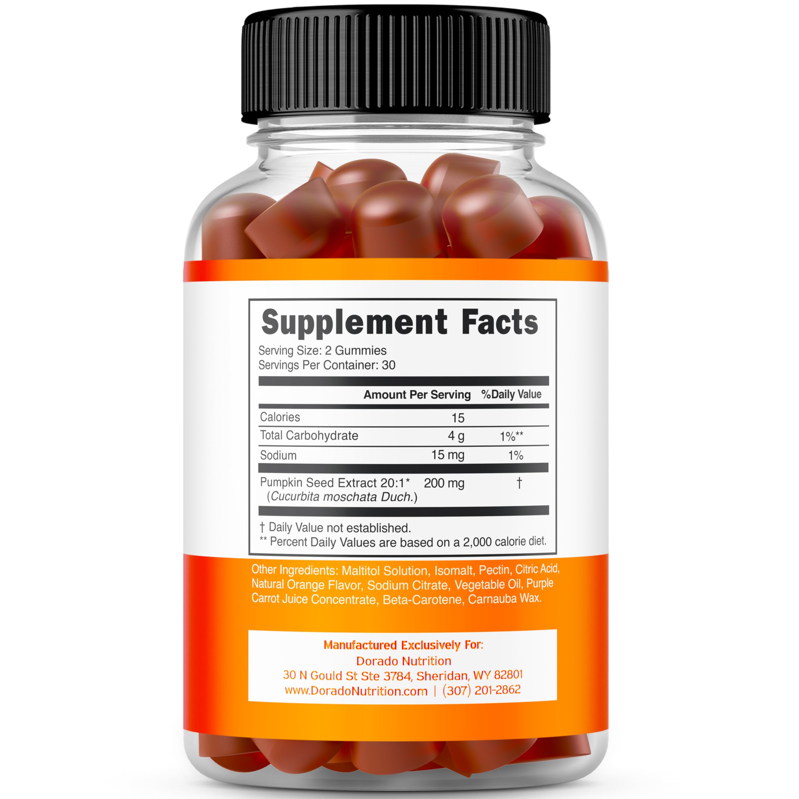 Dorado Nutrition Pumpkin Seed Oil Gummies ingredients panel showing pure extract and clean nutrition.