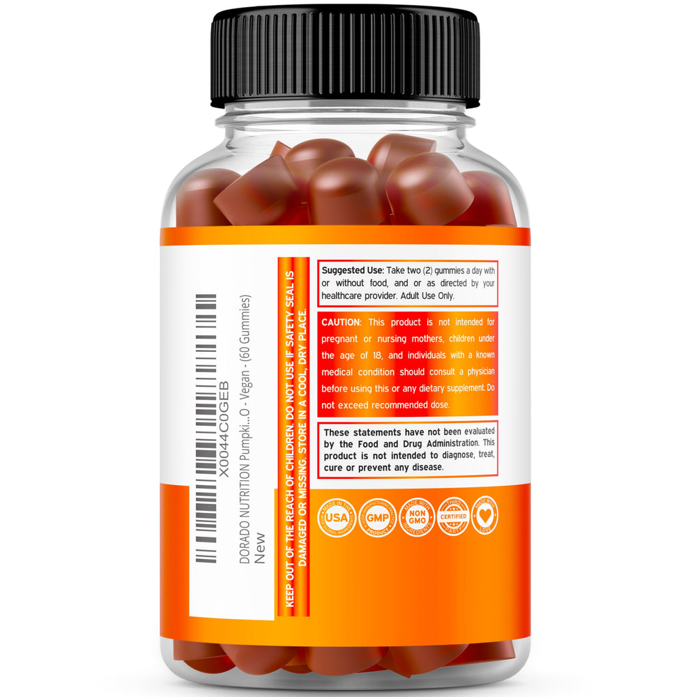 Dorado Nutrition Pumpkin Seed Oil Gummies orange flavor close-up highlighting tasty, sugar-free use.