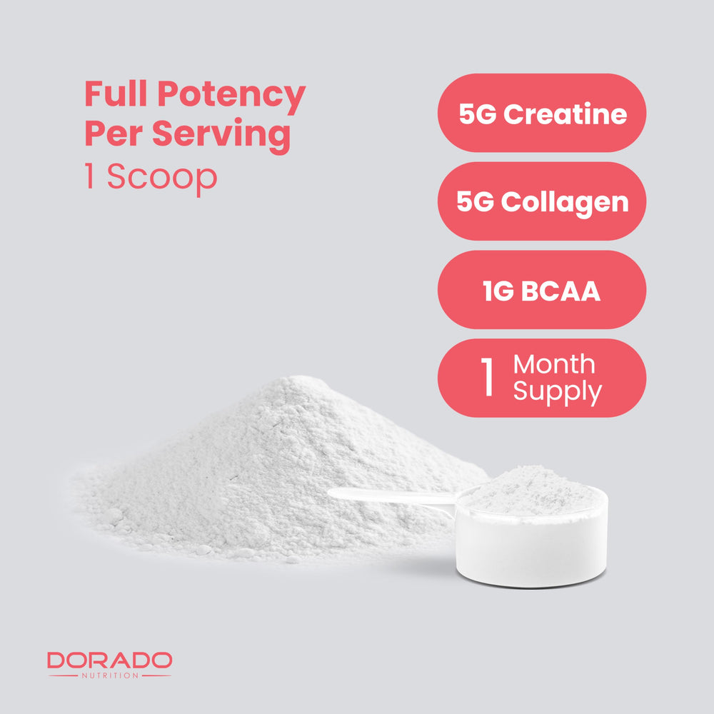 DORADO NUTRITION serving scoop closeup shows easy daily dosing for workouts.