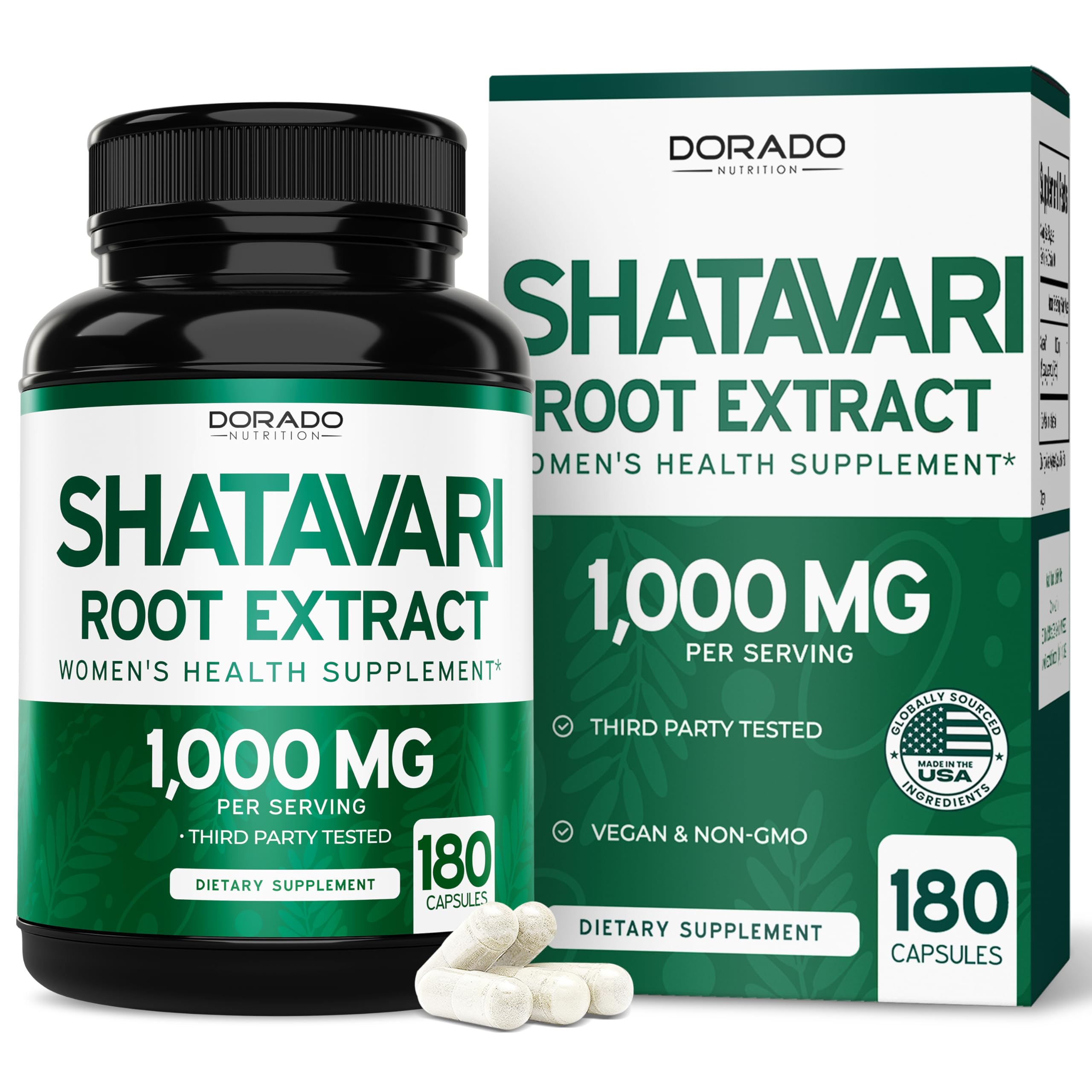 DORADO NUTRITION Shatavari capsules bottle showing convenient 1000mg dose for daily wellness