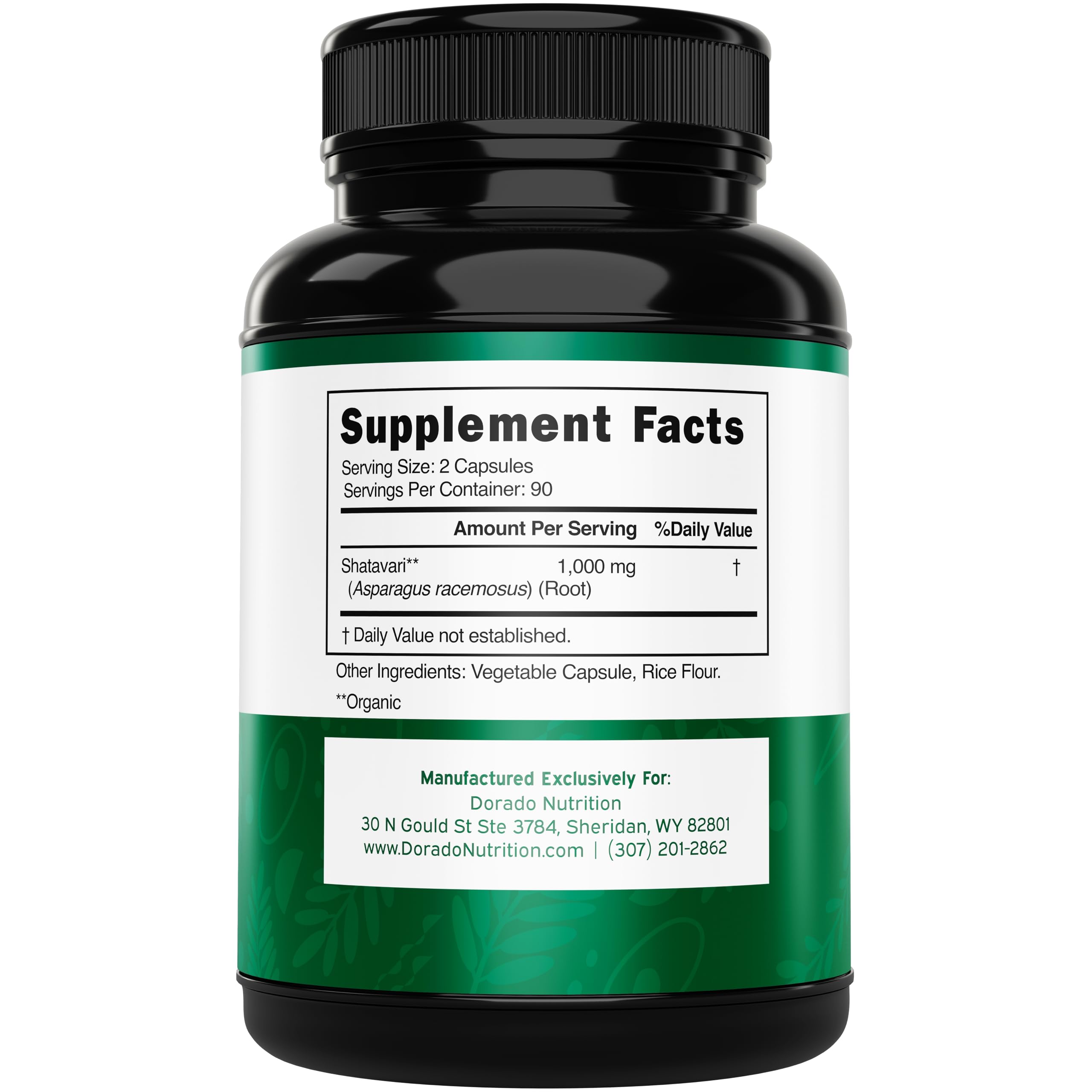 Shatavari capsules label highlighting non-GMO and gluten-free formulation