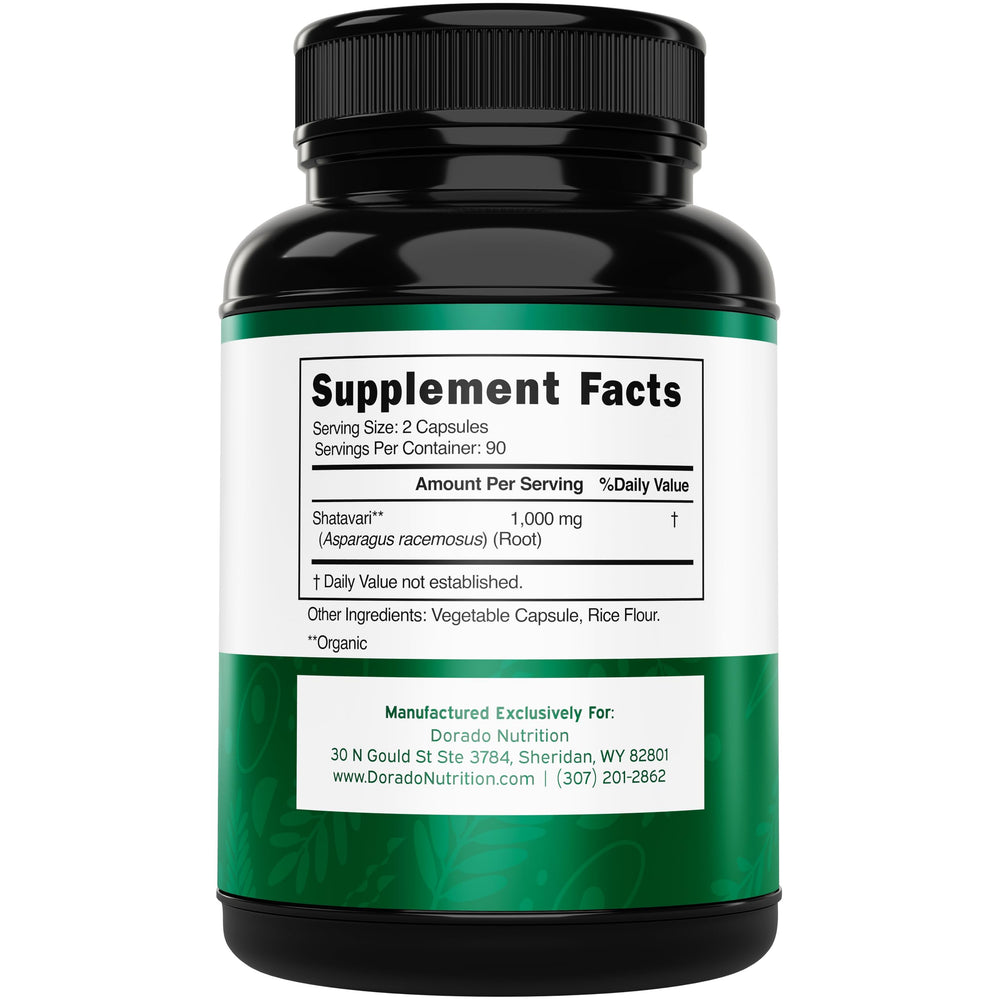 Shatavari capsules label highlighting non-GMO and gluten-free formulation