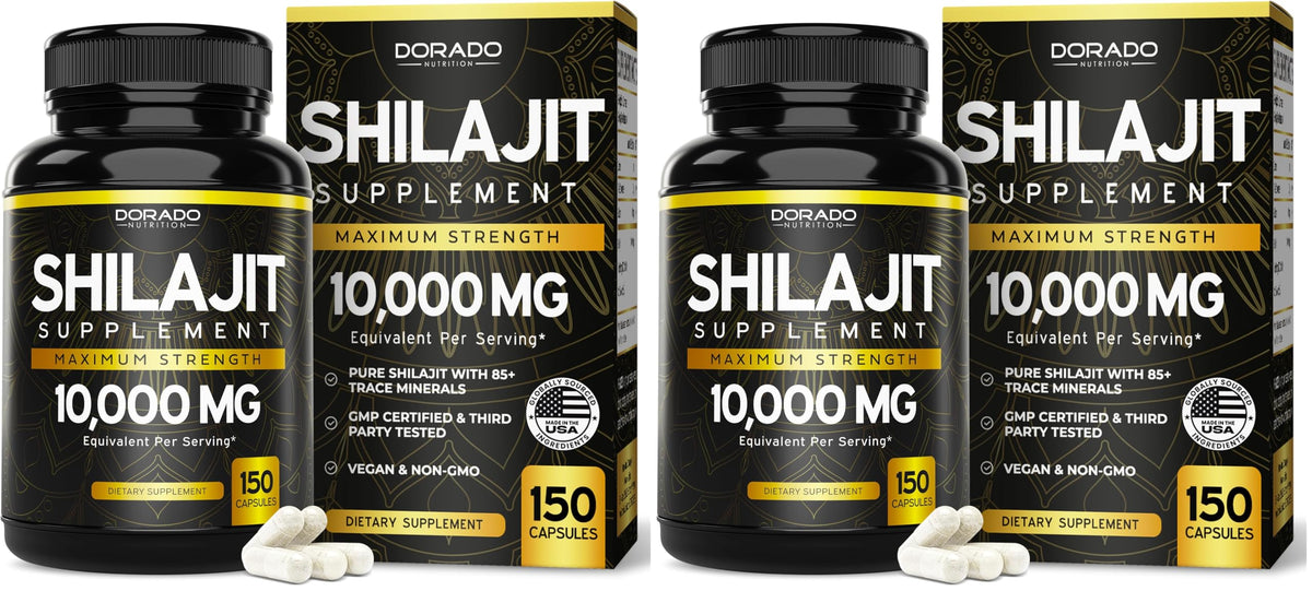 Dorado Nutrition Shilajit Pure bottle closeup highlighting a premium mineral supplement for daily vitality.