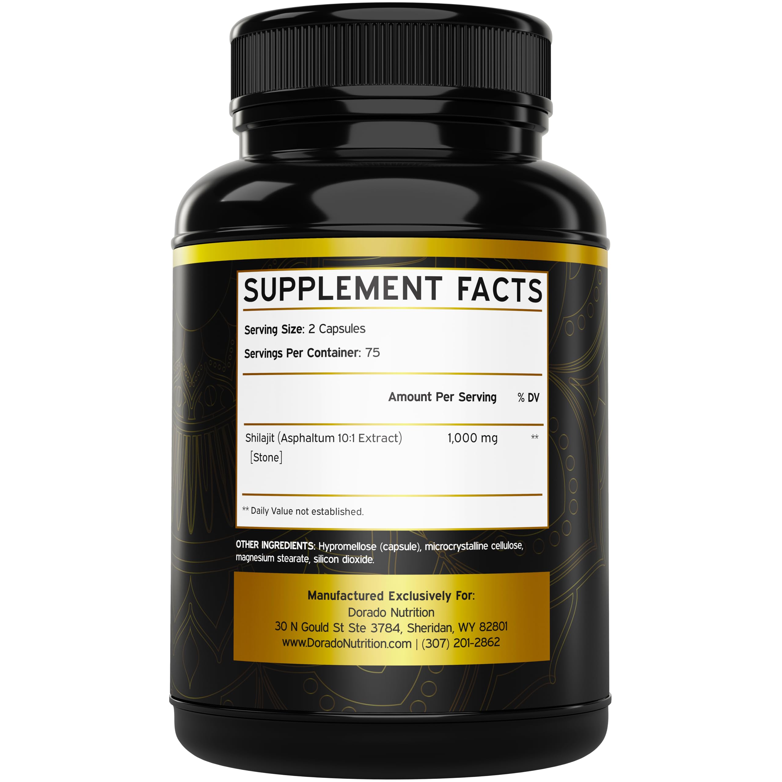 Dorado Nutrition Shilajit Pure bottle front shows USA-made, high-potency 1,000mg per capsule.