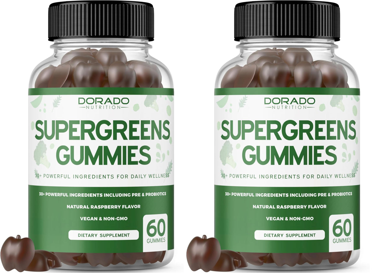 Dorado Nutrition Supergreens Gummies bottle front for easy daily greens convenience.