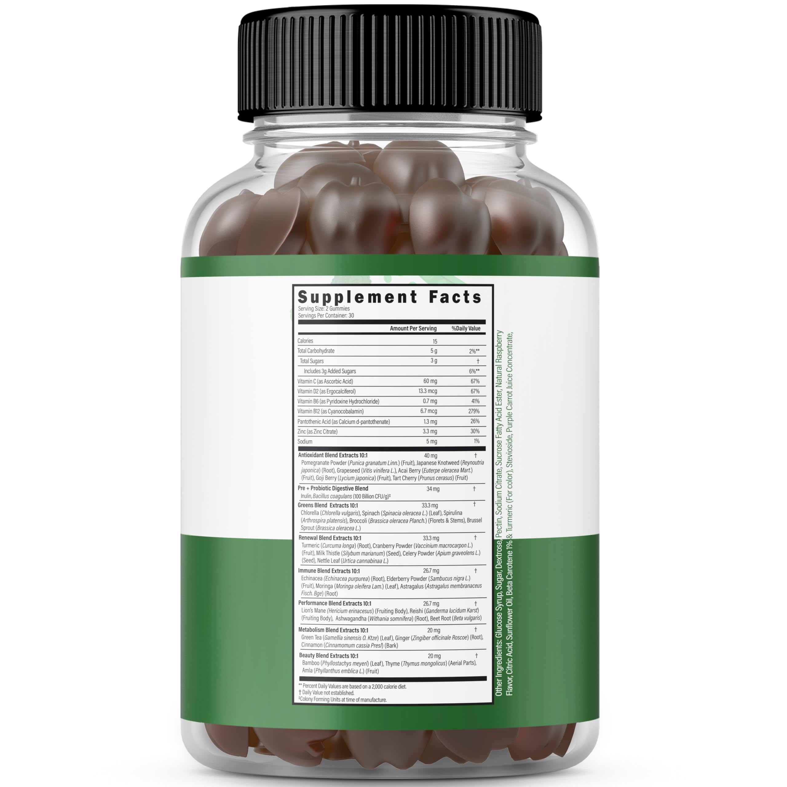 Dorado Nutrition Supergreens Raspberry gummies close-up highlighting tasty flavor for daily use.