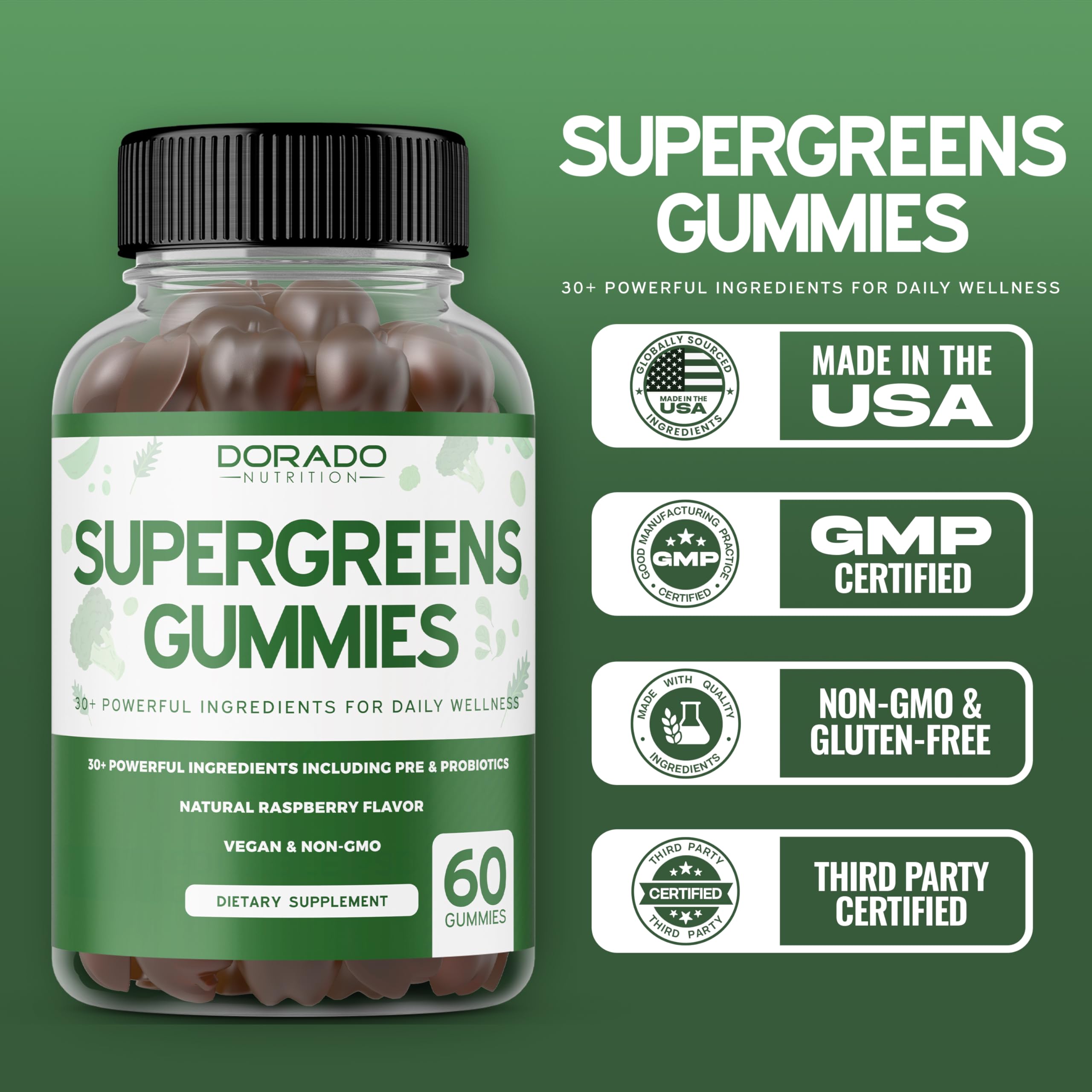 Dorado Nutrition Supergreens third party tested seal indicating purity and potency.
