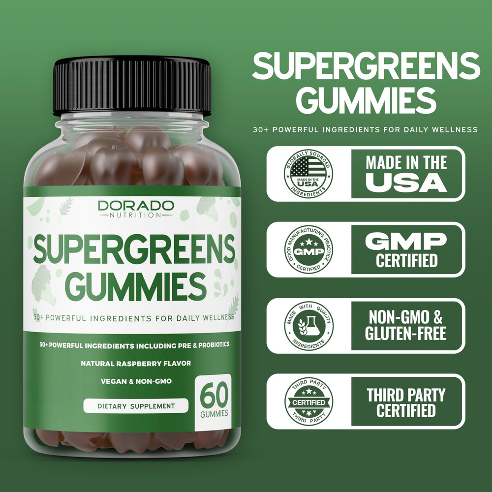 Dorado Nutrition Supergreens third party tested seal indicating purity and potency.