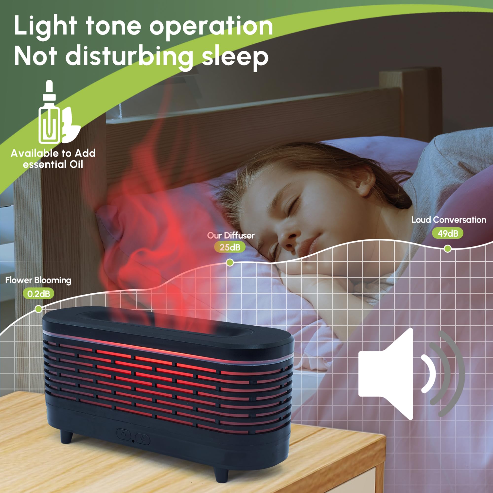 DoReFaSol bedroom ambience with diffuser creating relaxing atmosphere.