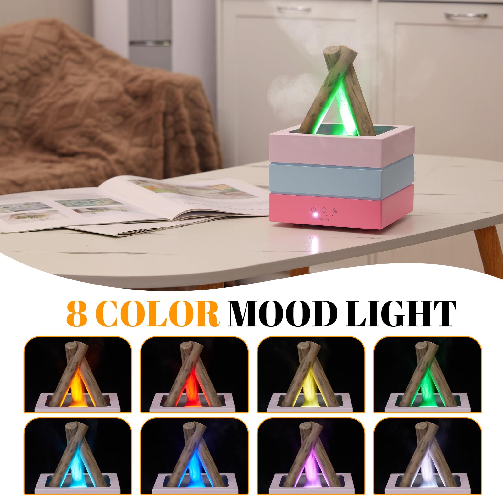 DoReFaSol flame diffuser showing 8-color lighting for mood ambiance.