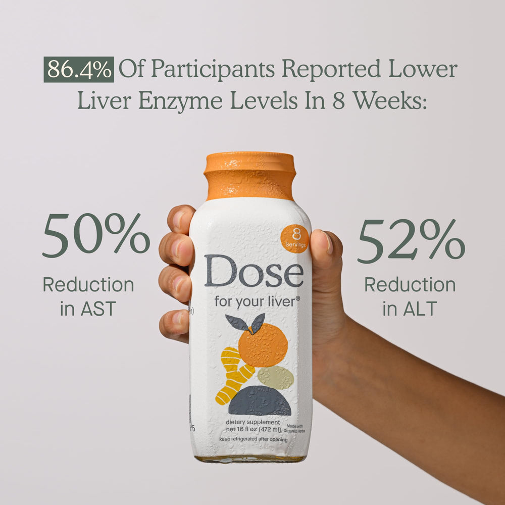 DOSE Liver Cleanse shot glass engraved for precise 2oz measurements.