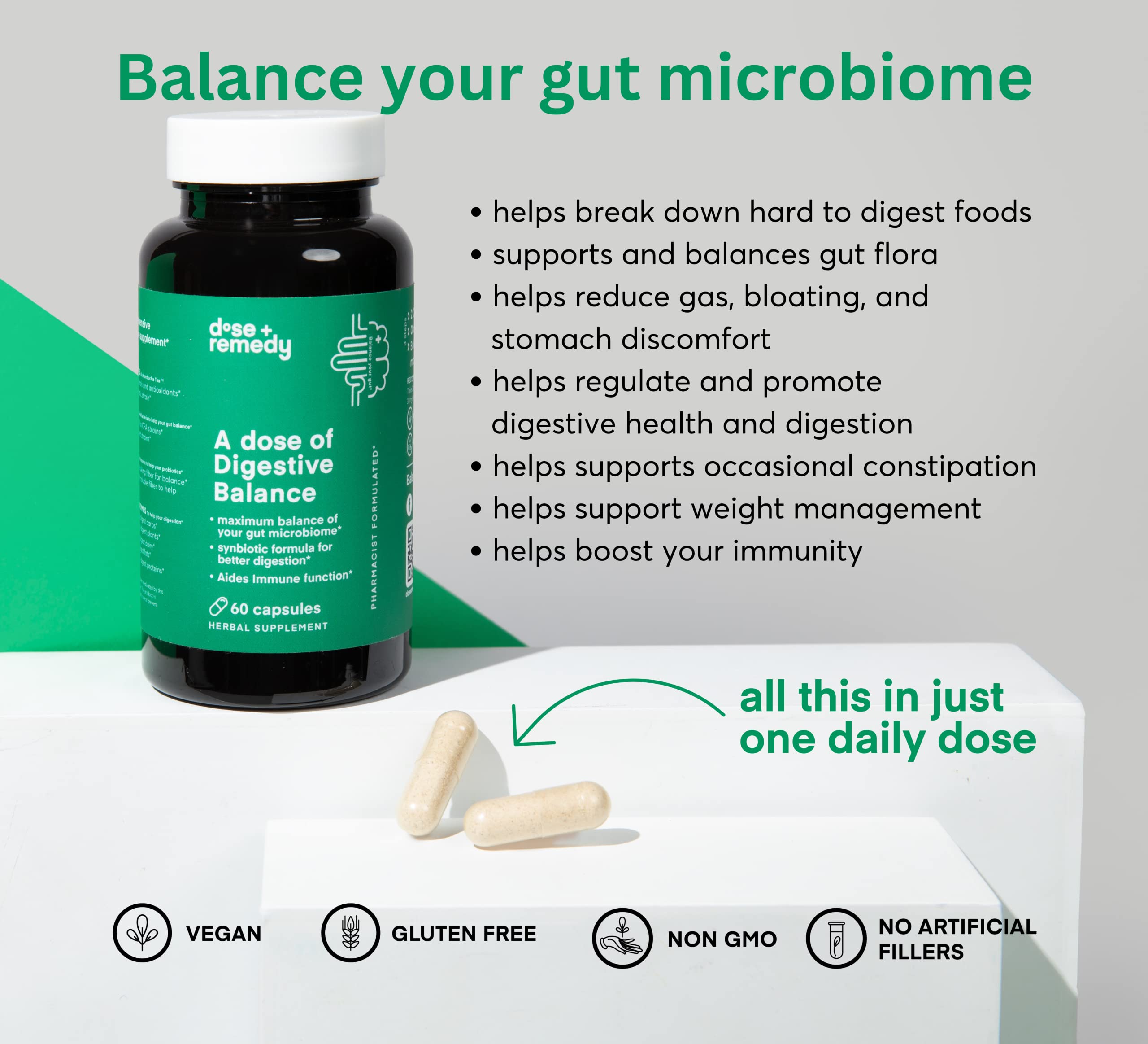 Dose + Remedy Digestive Balance bottle side view with label details.