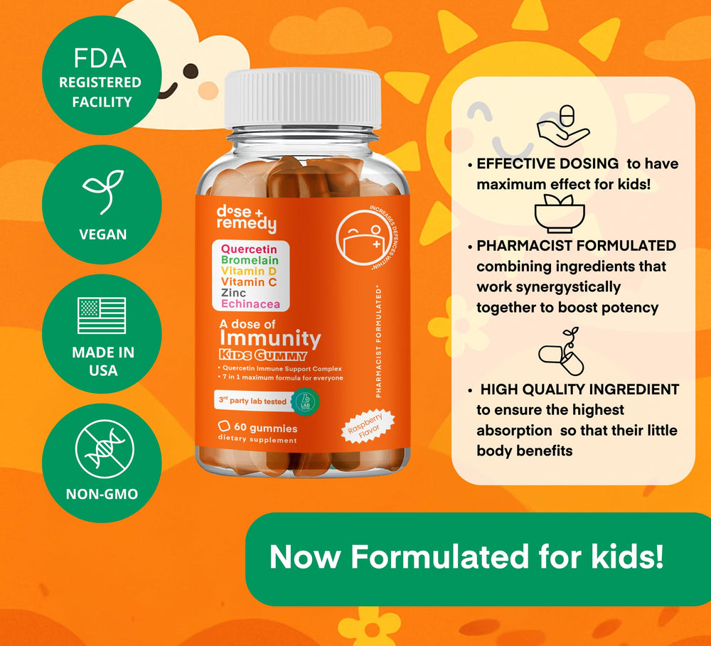Immunity blend image with echinacea and quercetin in Dose + Remedy gummies.