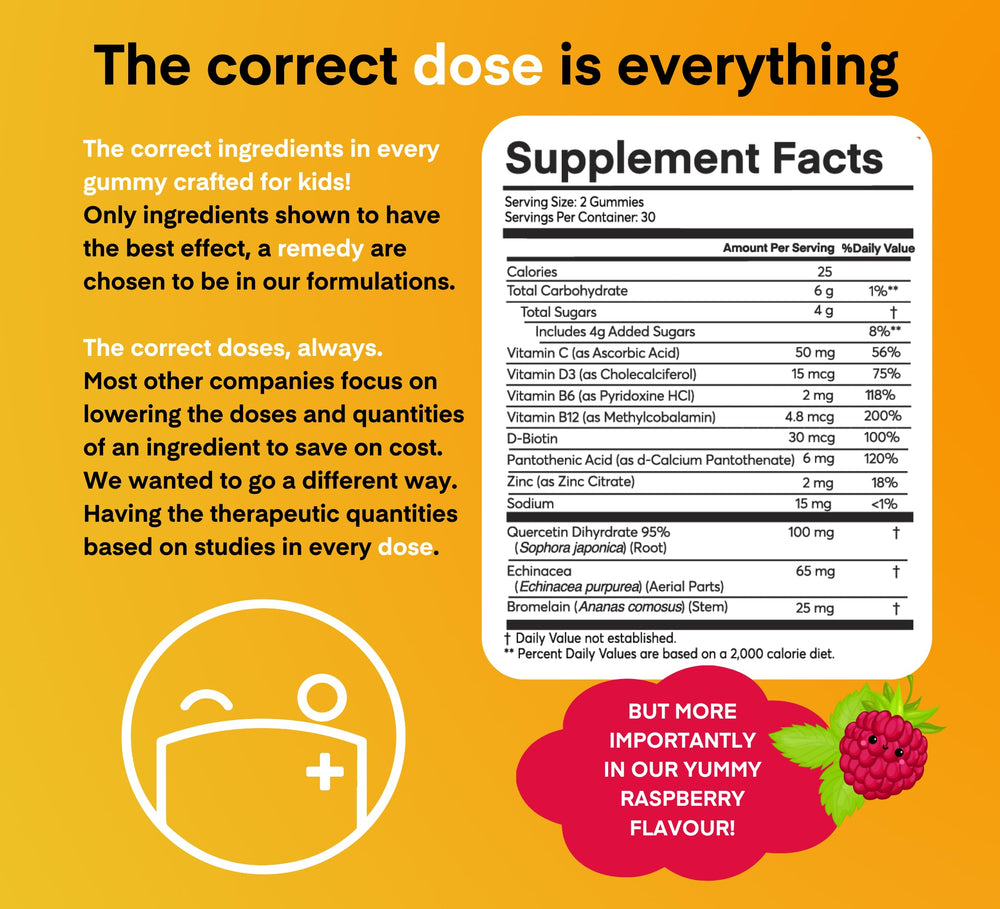 Dose + Remedy Immunity Kids label highlights quercetin and vitamins.